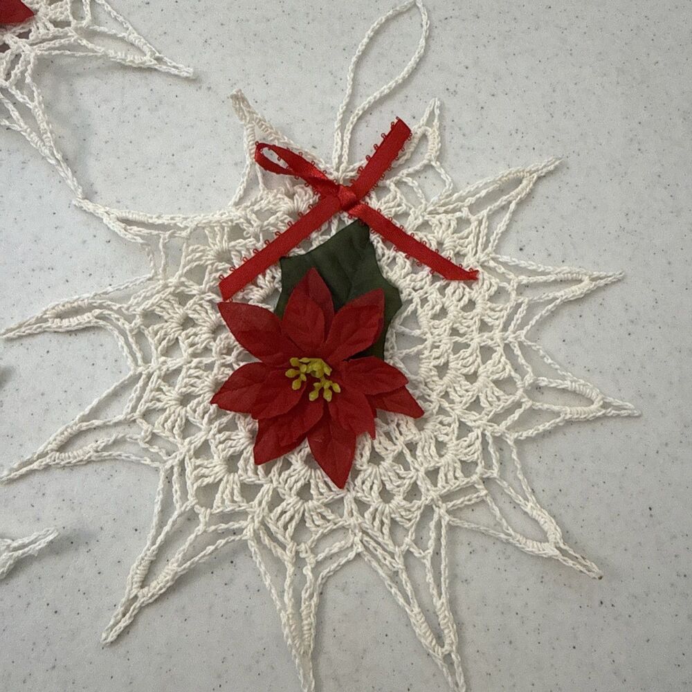 3 Vintage Crocheted Christmas Ornaments Snowflakes Poinsettias Starched White